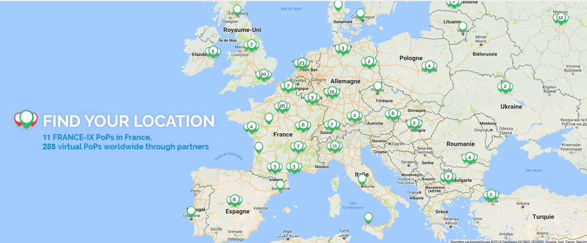 11 France-IX PoPs in France and 285 virtual PoPs Worldwide through partners